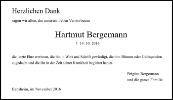 Traueranzeige von Hartmut Bergemann von Trauerportal Echo Online