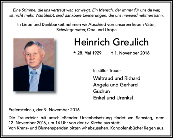 Traueranzeige von Heinrich Greulich von VRM Trauer