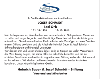 Traueranzeige von Josef Schmidt von  Gelnhäuser Tageblatt