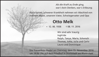 Traueranzeige von Otto Melk von Trauerportal Echo Online