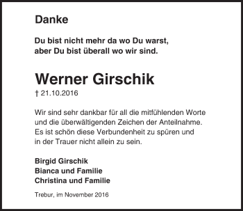 Traueranzeige von Werner Girschik von Trauerportal Echo Online