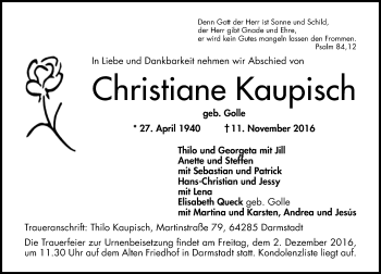 Traueranzeige von Christiane Kaupisch von Trauerportal Echo Online