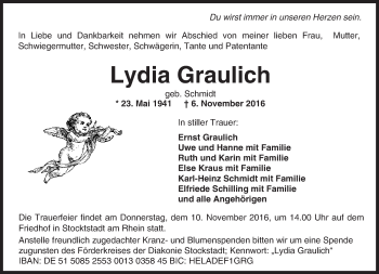 Traueranzeige von Lydia Graulich von Trauerportal Echo Online