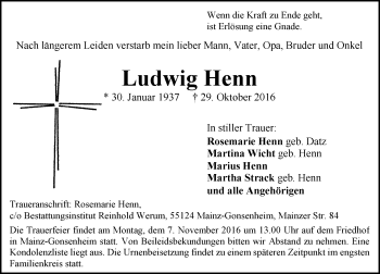 Traueranzeige von Ludwig Henn von Trauerportal Rhein Main Presse