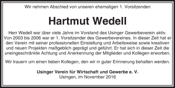 Traueranzeige von Hartmut Wedell von  Usinger Anzeiger