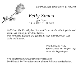 Traueranzeige von Barbara Simon von Trauerportal Rhein Main Presse