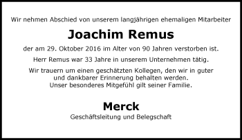 Traueranzeige von Joachim Remus von Trauerportal Echo Online