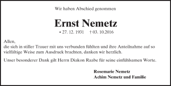 Traueranzeige von Ernst Nemetz von Trauerportal Echo Online