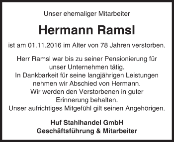Traueranzeige von Hermann Ramsl von Trauerportal Rhein Main Presse