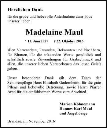Traueranzeige von Madelaine Maul von Trauerportal Echo Online