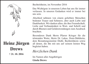 Traueranzeige von Heinz Jürgen Drews von Trauerportal Rhein Main Presse