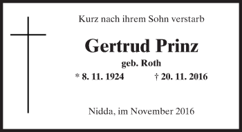 Traueranzeige von Gertrud Prinz von  Kreisanzeiger