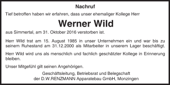 Traueranzeige von Werner Wild von Trauerportal Rhein Main Presse