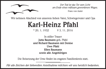 Traueranzeige von Karl-Heinz Pfahl von Trauerportal Rhein Main Presse