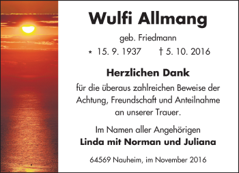 Traueranzeige von Wulfi Allmang von Trauerportal Echo Online