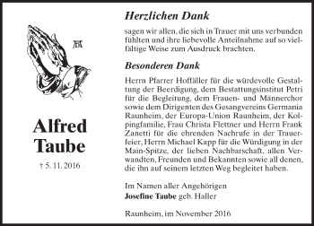 Traueranzeige von Alfred Taube von Trauerportal Rhein Main Presse