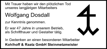 Traueranzeige von Wolfgang Dosdall von Trauerportal Rhein Main Presse
