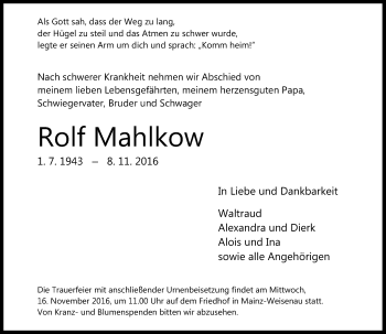 Traueranzeige von Rolf Mahlkow von Trauerportal Rhein Main Presse