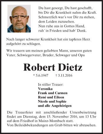 Traueranzeige von Robert Dietz von Trauerportal Rhein Main Presse