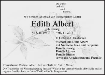 Traueranzeige von Edith Albert von Trauerportal Rhein Main Presse