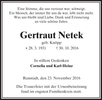 Traueranzeige von Gertraut Netek von  Kreisanzeiger