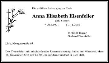 Traueranzeige von Anna Elisabeth Eisenfeller von  Gießener Anzeiger