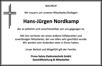 Traueranzeige von Hans-Jürgen Nordkamp von Trauerportal Echo Online