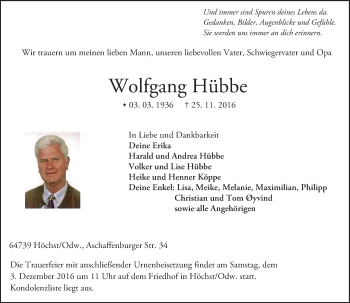 Traueranzeige von Wolfgang Hübbe von Trauerportal Echo Online