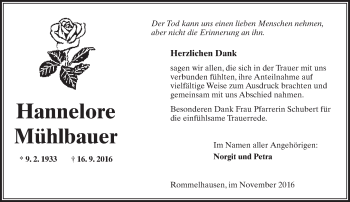 Traueranzeige von Hannelore Mühlbauer von  Kreisanzeiger