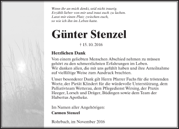 Traueranzeige von Günter Stenzel von  Kreisanzeiger