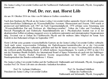 Traueranzeige von Horst Löb von  Gießener Anzeiger