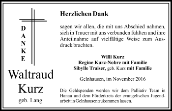 Traueranzeige von Waltraud Kurz von  Gelnhäuser Tageblatt