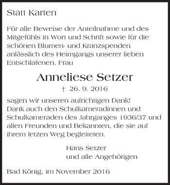 Traueranzeige von Anneliese Setzer von Trauerportal Echo Online