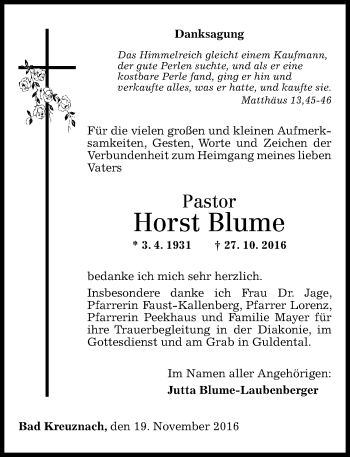 Traueranzeige von Horst Blume von Trauerportal Rhein Main Presse