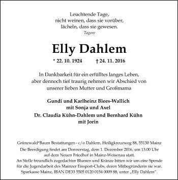 Traueranzeige von Elly Dahlem von Trauerportal Rhein Main Presse