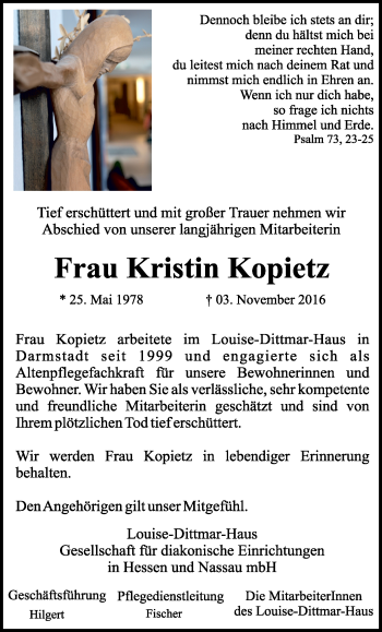 Traueranzeige von Kristin Kopietz von Trauerportal Echo Online