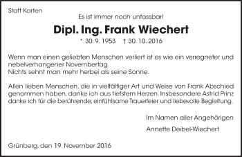 Traueranzeige von Frank Wiechert von  Gießener Anzeiger