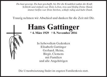 Traueranzeige von Hans Gattinger von  Usinger Anzeiger