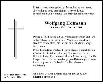 Traueranzeige von Wolfgang Hofmann von Trauerportal Rhein Main Presse