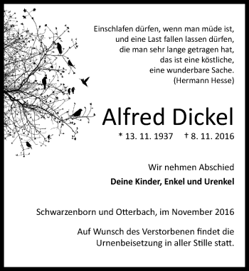 Traueranzeige von Alfred Dickel von VRM Trauer
