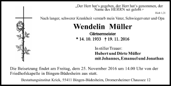 Traueranzeige von Wendelin Müller von Trauerportal Rhein Main Presse