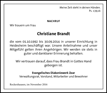Traueranzeige von Christiane Brandt von Trauerportal Rhein Main Presse