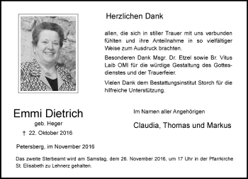 Traueranzeige von Emmi Dietrich von VRM Trauer