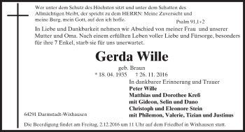 Traueranzeige von Gerda Wille von Trauerportal Echo Online