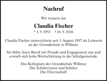 Traueranzeige von Claudia Fischer von  Gießener Anzeiger