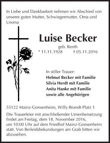 Traueranzeige von Luise Becker von Trauerportal Rhein Main Presse