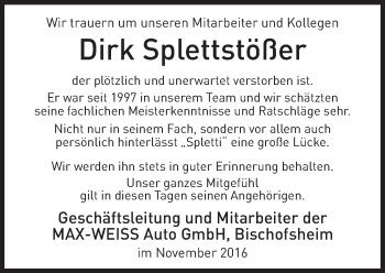Traueranzeige von Dirk Splettstößer von Trauerportal Rhein Main Presse