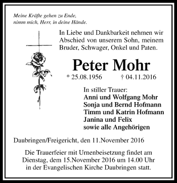 Traueranzeige von Peter Mohr von  Gießener Anzeiger