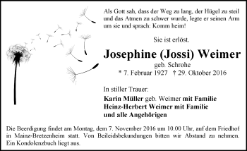 Traueranzeige von Josephine Weimer von Trauerportal Rhein Main Presse