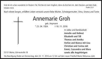 Traueranzeige von Annemarie Groh von Trauerportal Rhein Main Presse